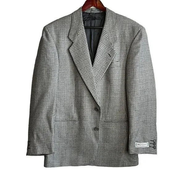 Vintage Yves Saint Laurent YSL Mens 40R Blazer Black Gray Sport Coat 2 Button - Picture 2 of 11
